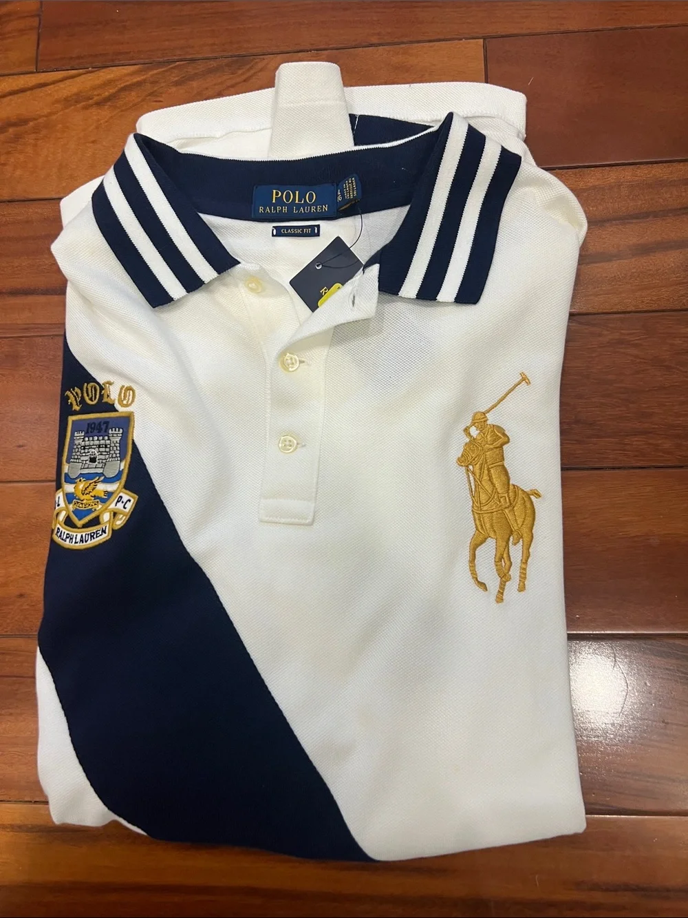 Polo by Ralph Lauren White Polo with Navy Diagonal Stripe & Gold Pony Men’s XL